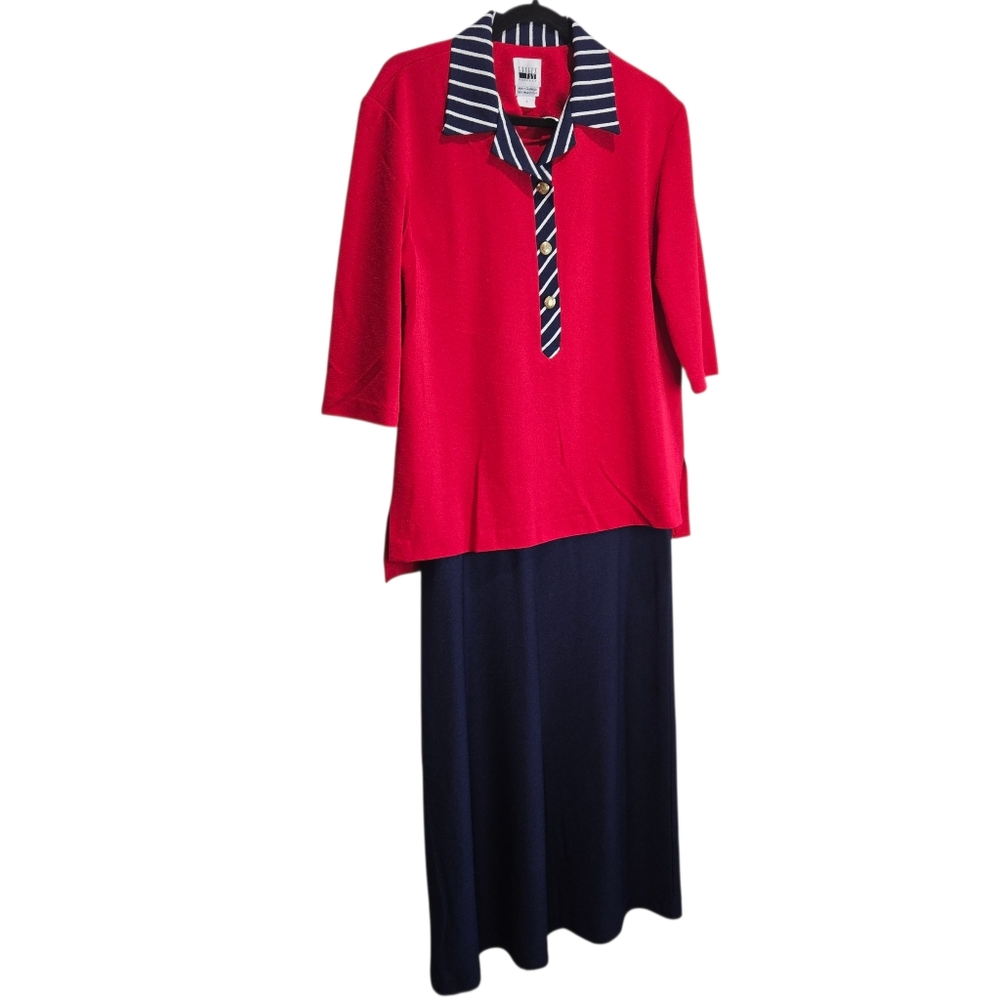 Vintage 2 Pc Set Skirt Blouse Red Navy Blue Size 8 Americana Nautical Leslie Fay
